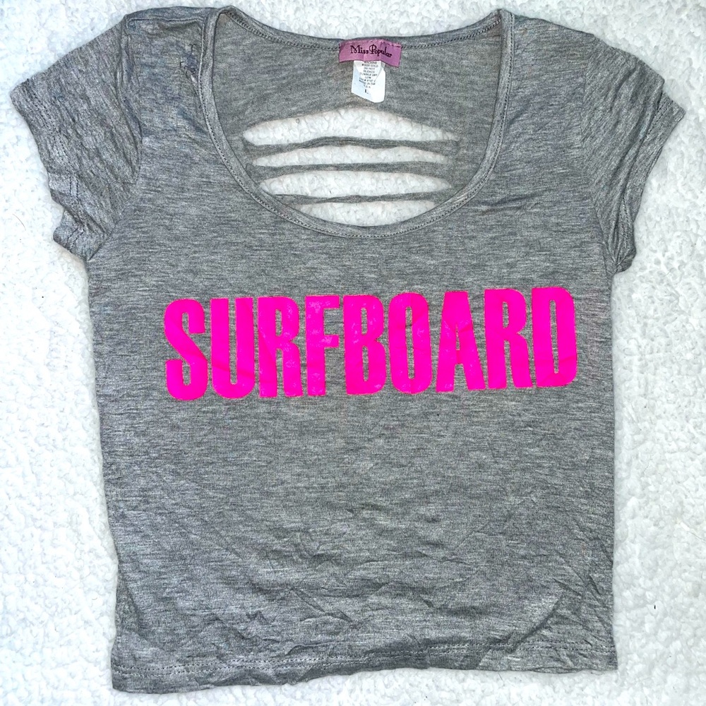 Grey Cut Out Back Crop Tip w Pink Lettering